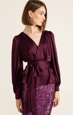 Tops Multi Occasion SATIN FAUX WRAP TOP IN CHERRY