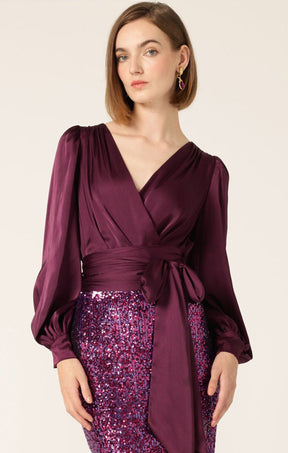 Tops Multi Occasion SATIN FAUX WRAP TOP IN CHERRY