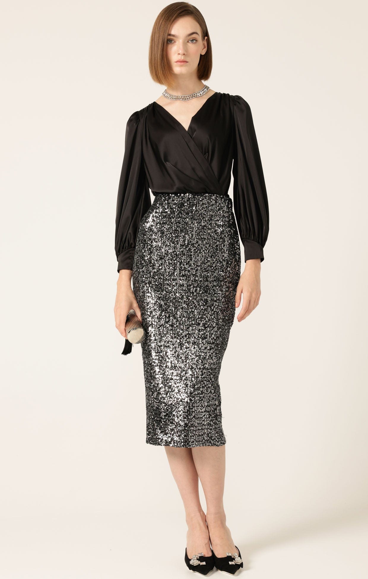 Skirts Events SEQUIN PENCIL SKIRT IN BLACK SILVER