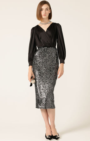 Skirts Events SEQUIN PENCIL SKIRT IN BLACK SILVER
