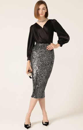 Skirts Events SEQUIN PENCIL SKIRT IN BLACK SILVER