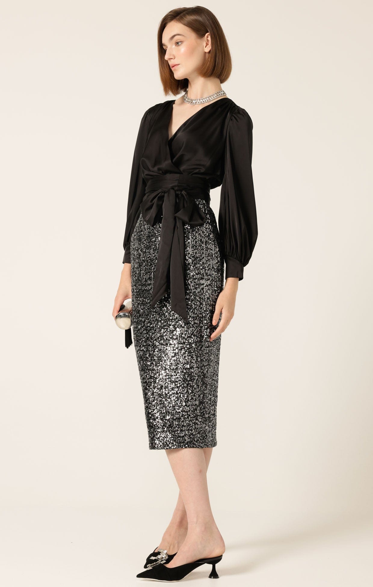 Skirts Events SEQUIN PENCIL SKIRT IN BLACK SILVER