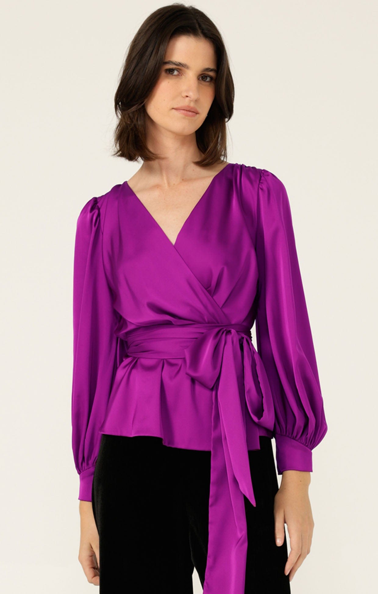 Tops SATIN FAUX WRAP TOP IN MAGENTA