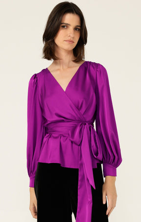 Tops SATIN FAUX WRAP TOP IN MAGENTA