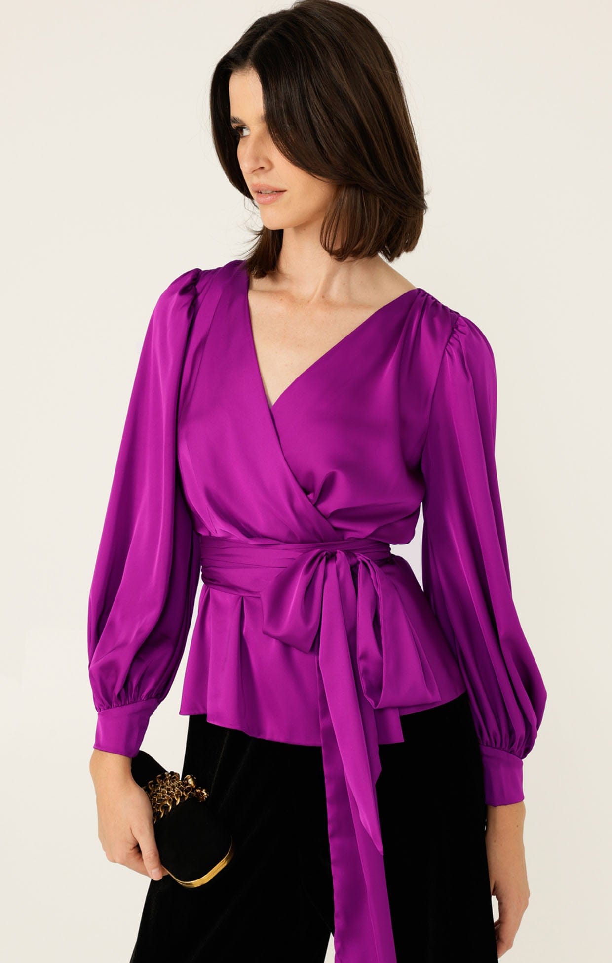 Tops SATIN FAUX WRAP TOP IN MAGENTA