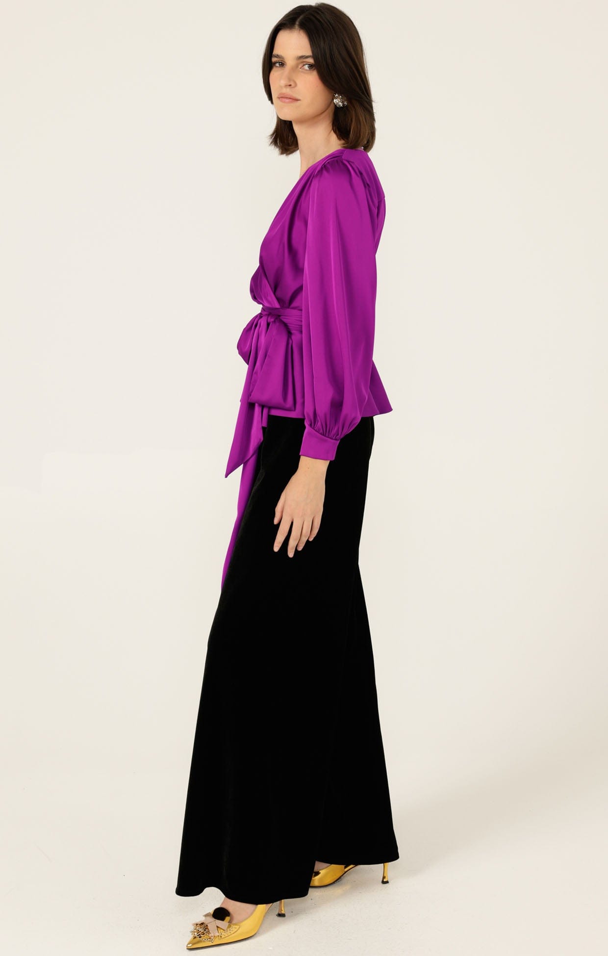 Tops SATIN FAUX WRAP TOP IN MAGENTA