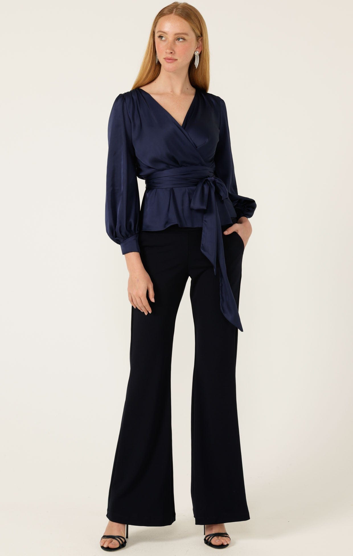 Tops SATIN FAUX WRAP TOP IN NAVY