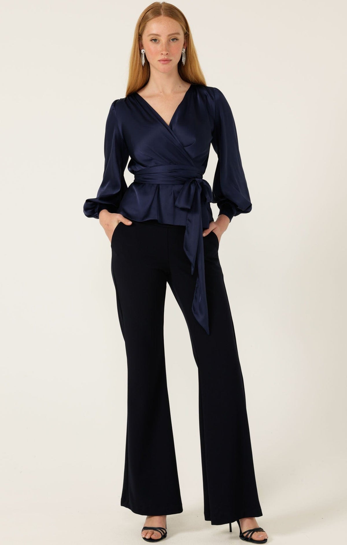 Tops SATIN FAUX WRAP TOP IN NAVY