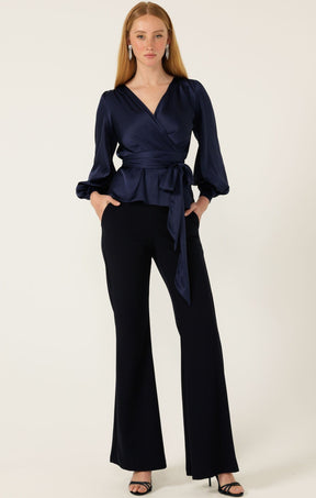 Tops SATIN FAUX WRAP TOP IN NAVY