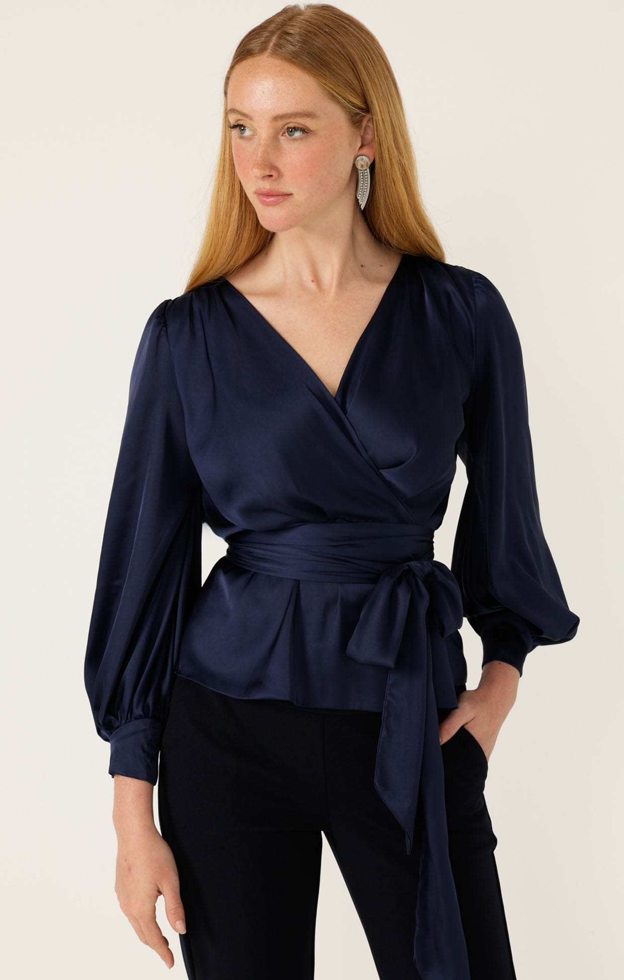 Satin Faux Wrap Peplum Top in Navy - SACHA DRAKE | Faux Wrap Style Top