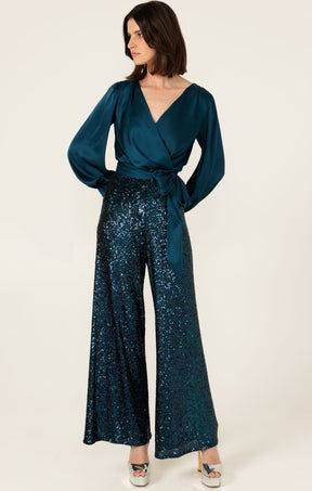 Tops SATIN FAUX WRAP TOP IN PEACOCK
