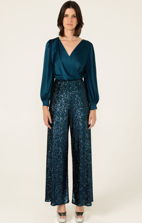 Tops SATIN FAUX WRAP TOP IN PEACOCK