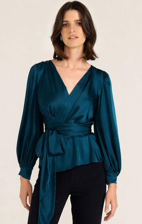 Tops Multi Occasion SATIN FAUX WRAP TOP IN PEACOCK