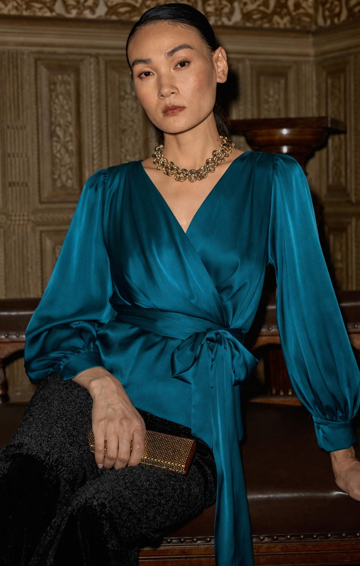 SATIN FAUX WRAP TOP IN PEACOCK