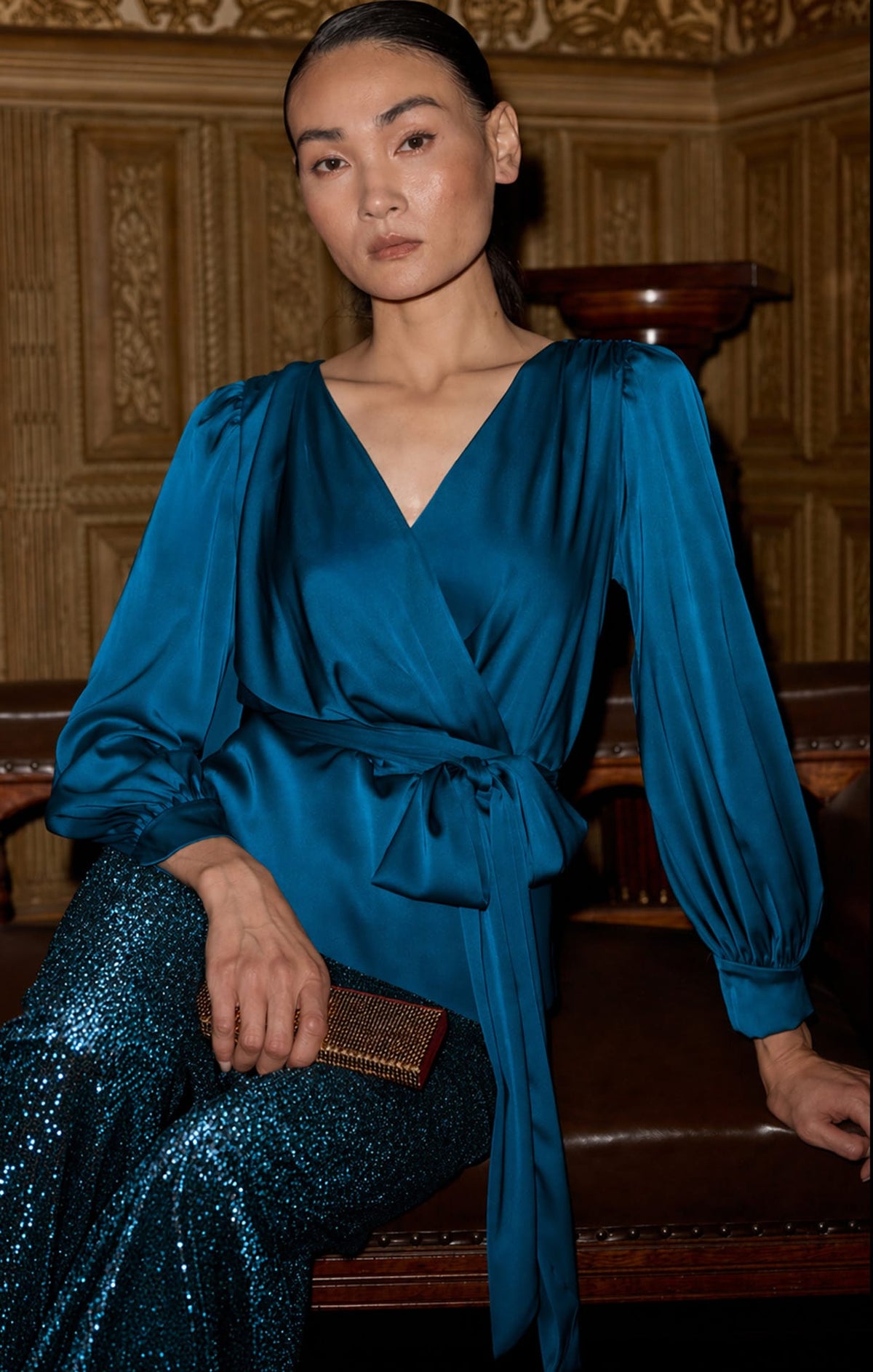 Tops SATIN FAUX WRAP TOP IN PEACOCK