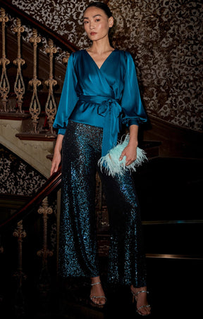 Tops SATIN FAUX WRAP TOP IN PEACOCK