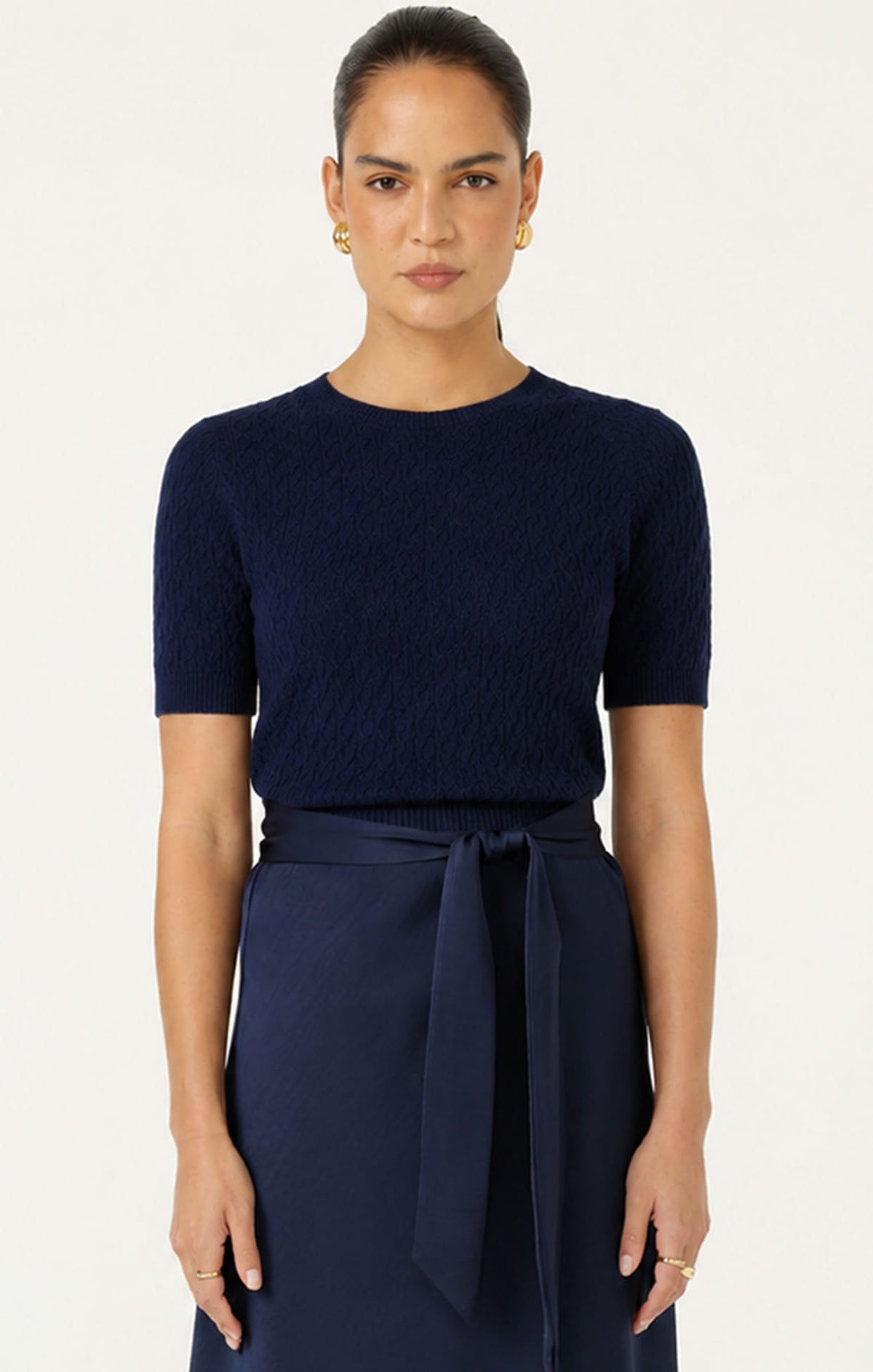 SHORT SLEEVE GROVE KNIT TOP IN NAVY