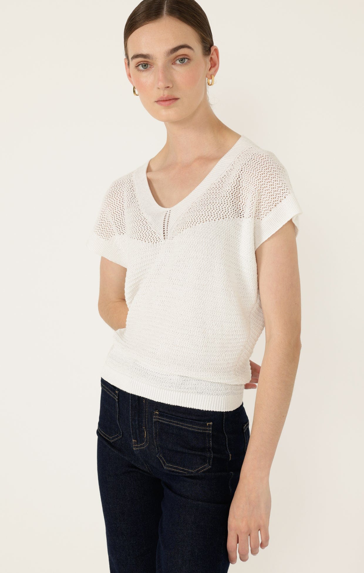 Knitwear V NECK MESH KNIT TOP IN ICE WATER
