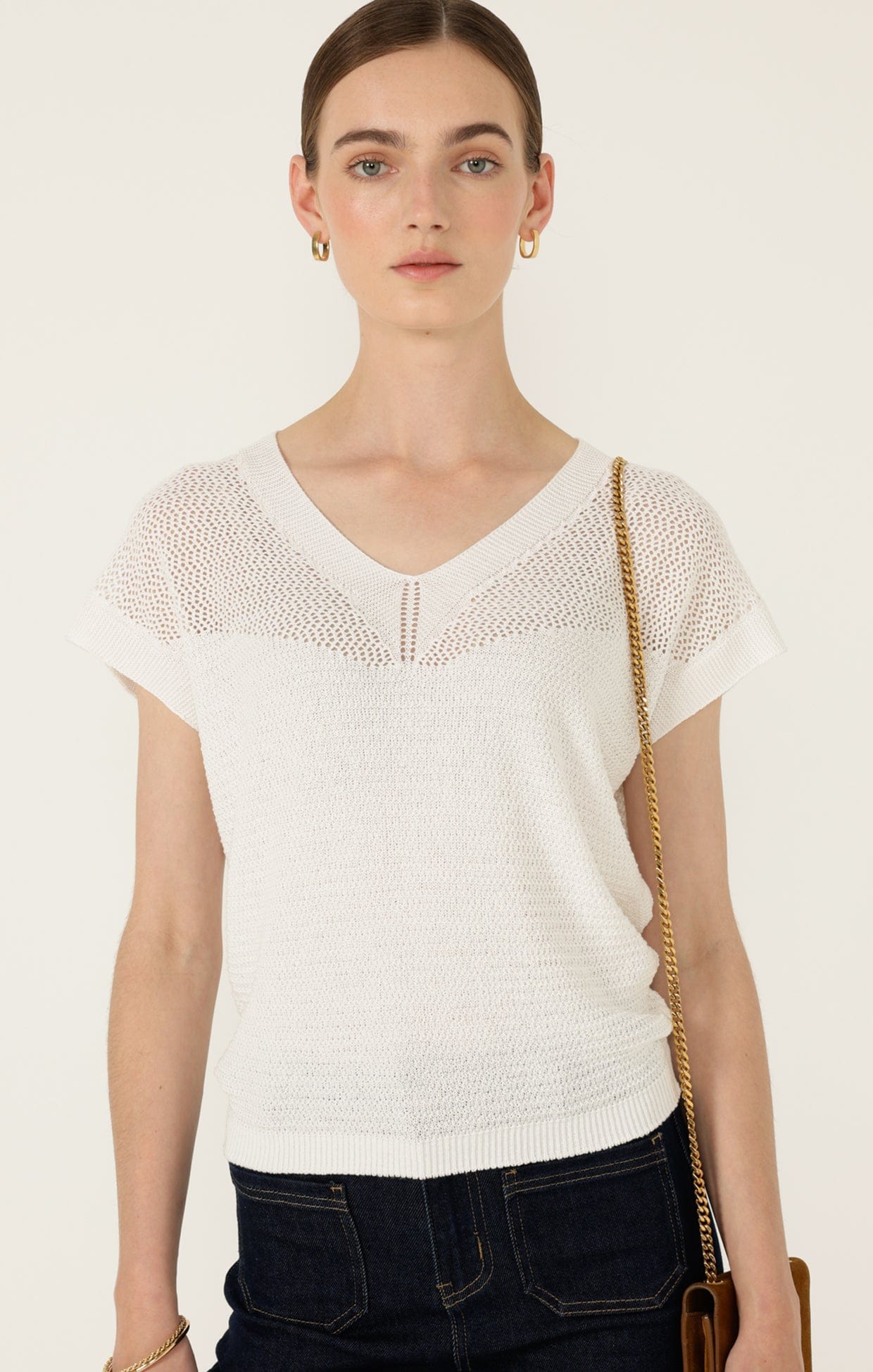 Knitwear V NECK MESH KNIT TOP IN ICE WATER