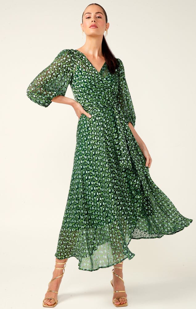 Wonderland Midi Wrap Dress in Emerald Poppy - SACHA DRAKE Wonderland Midi Wrap Dress in Emerald Poppy - SACHA DRAKE