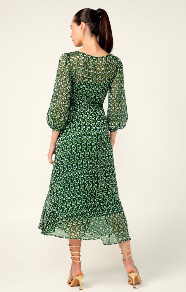 Wonderland Midi Wrap Dress in Emerald Poppy - SACHA DRAKE Wonderland Midi Wrap Dress in Emerald Poppy - SACHA DRAKE