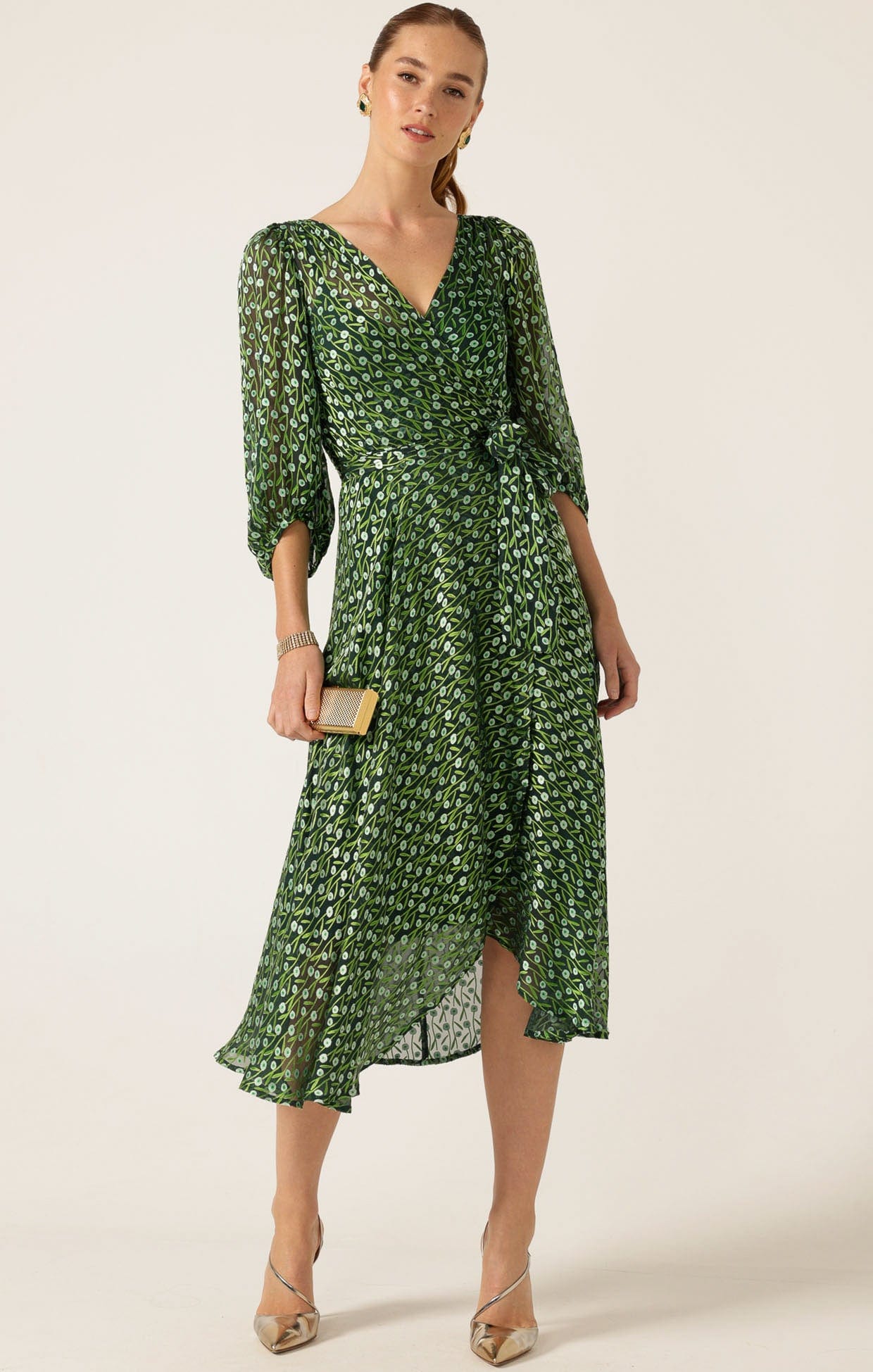 Wonderland Midi Wrap Dress in Emerald Poppy - SACHA DRAKE Wonderland Midi Wrap Dress in Emerald Poppy - SACHA DRAKE