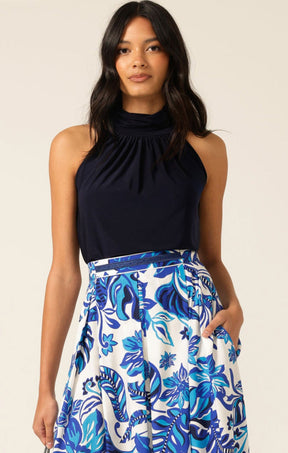 Tops Multi Occasion HIGH NECK TIE TOP IN NAVY
