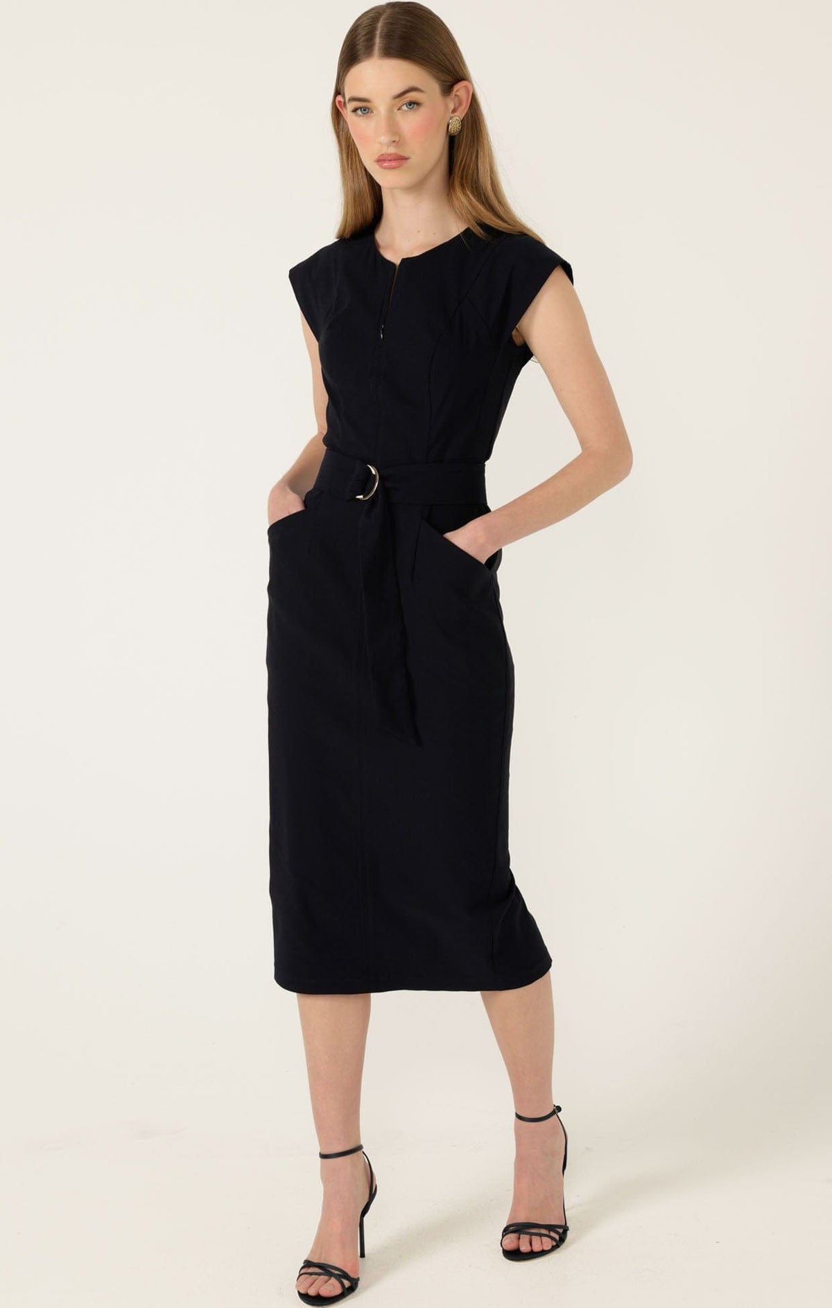 slim fit dress slacks Nicole Dress Navy | Structured Faux Wrap Work & Occasion Dress Australia main image 0