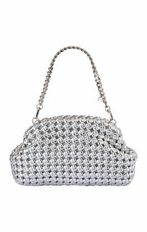 Bags OS / SILVER EVERLY HAND WOVEN CLUTCH BAG IN SILVER