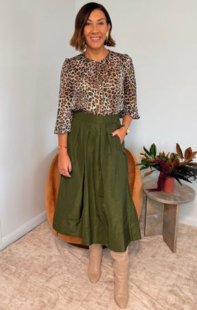 Skirts Multi Occasion PLEATED A-LINE SKIRT IN OLIVE