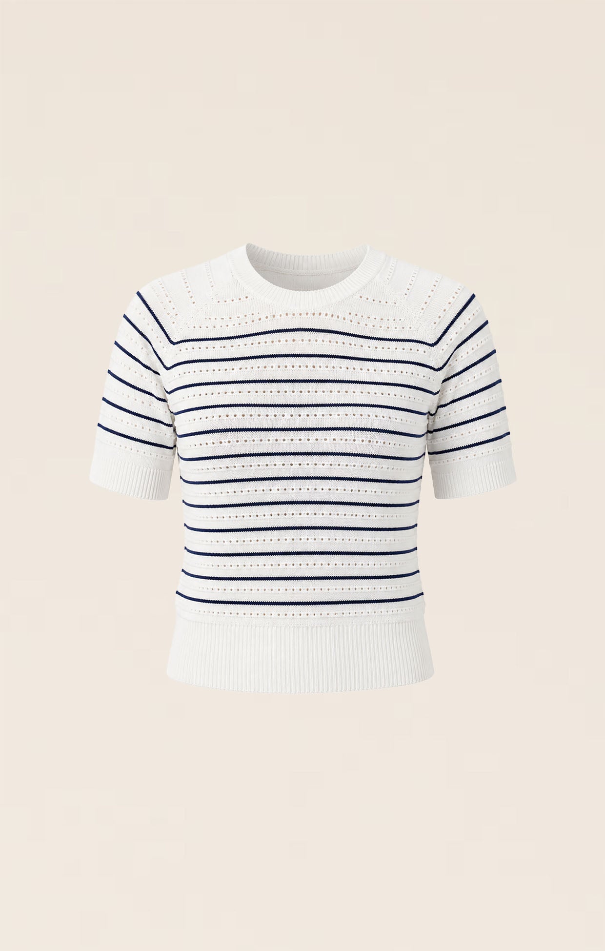 EYELET STRIPE KNIT TOP IN WHITE AND NAVY