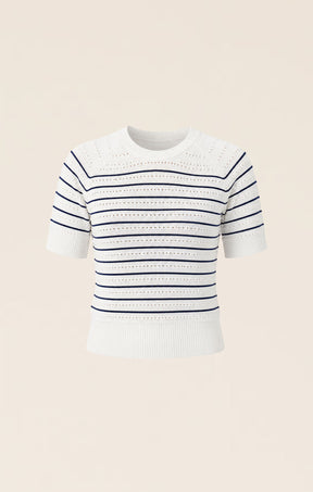 EYELET STRIPE KNIT TOP IN WHITE AND NAVY