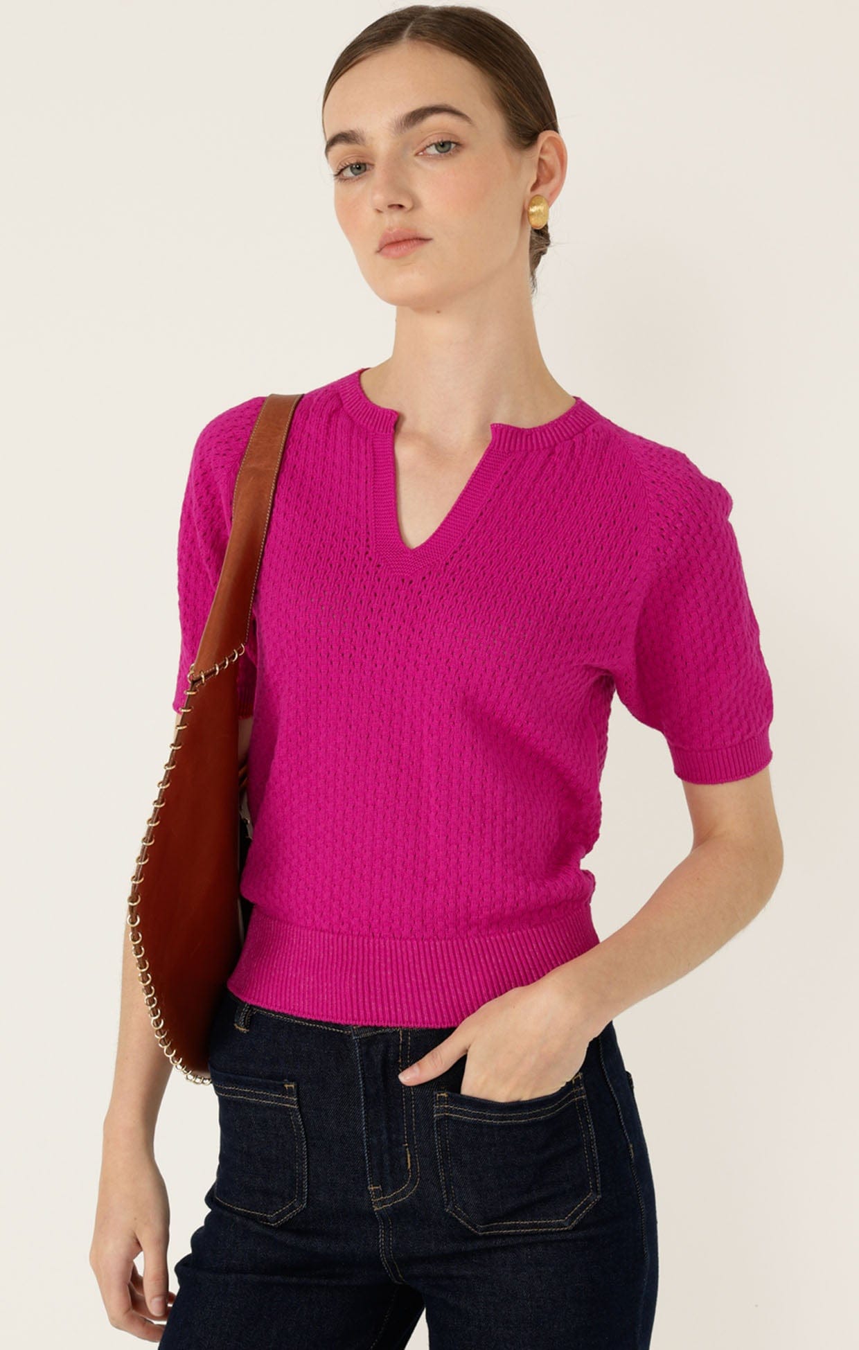Knitwear HENLEY KNIT TOP IN FUCHSIA