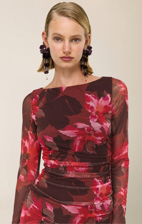 Dresses AMYRA MESH DRESS IN BORDEAUX GARDEN