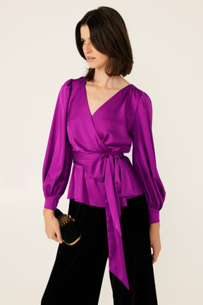 SATIN FAUX WRAP TOP IN MAGENTA