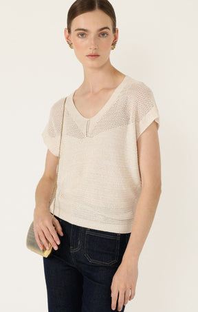 Knitwear V NECK MESH KNIT TOP IN CANVAS