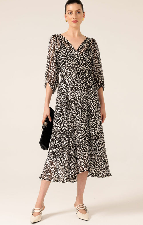 Dresses CLOUDLAND WRAP DRESS IN BLACK WHITE SPOT