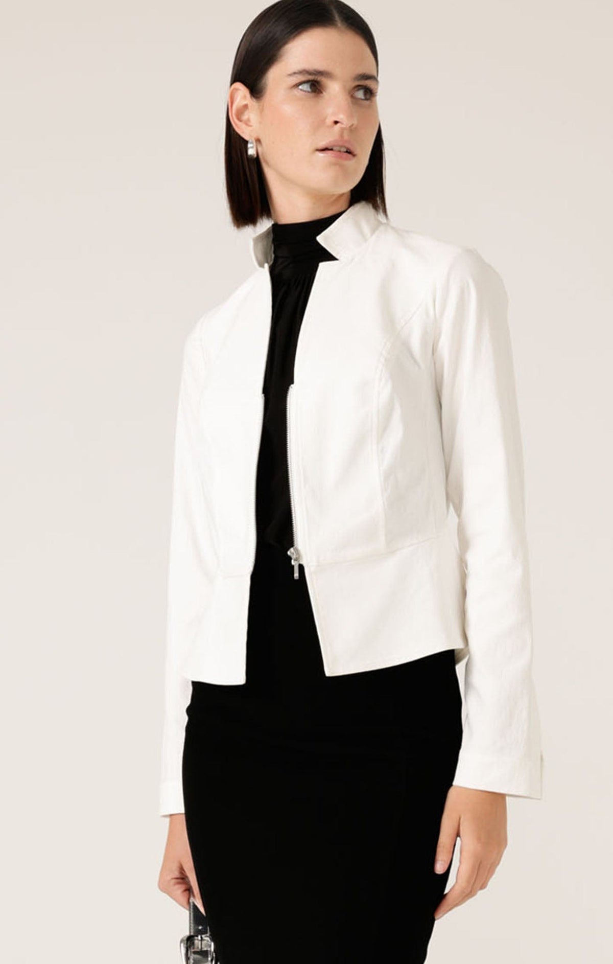 Jackets Multi Occasion FRONT ZIP PEPLUM JACKET IN WHITE