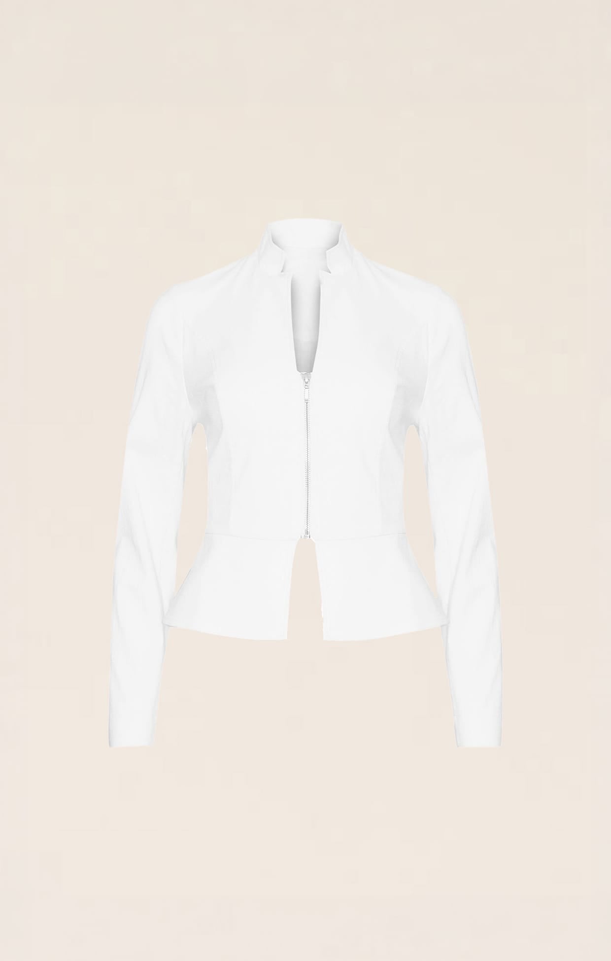 Jackets Multi Occasion FRONT ZIP PEPLUM JACKET IN WHITE