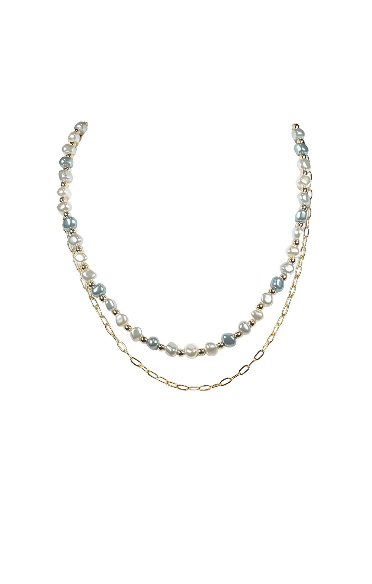 ACCESSORIES Necklaces One Size / Neutral LAYERED PEARL AND CHAIN NECKLACE IN GOLD AND BLUE