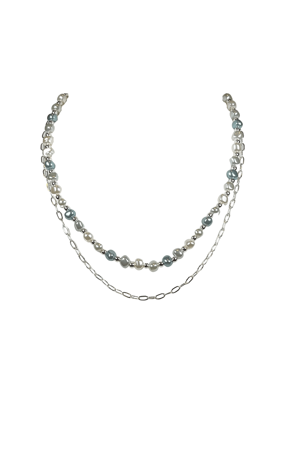 ACCESSORIES Necklaces One Size / Neutral LAYERED PEARL AND CHAIN NECKLACE IN SILVER AND BLUE