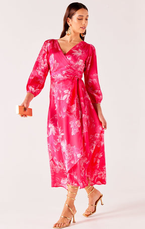 Dresses Events LOTUS FLOWER WRAP DRESS IN HOT PINK FLORAL