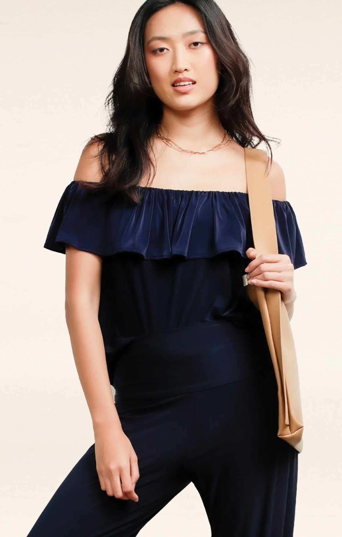 Tops Multi Occasion OFF SHOULDER FRILL TOP IN NAVY