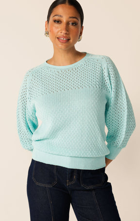 3/4 SLEEVE RIPPLE KNIT TOP IN AQUAMARINE