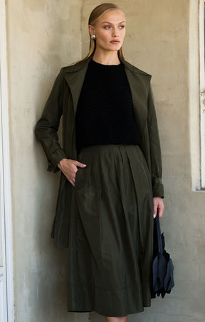 PLEATED A-LINE SKIRT IN OLIVE