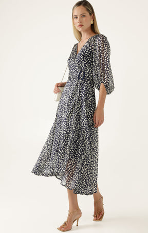 CLOUDLAND WRAP DRESS IN NAVY WHITE SPOT