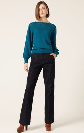 LONG SLEEVE RIPPLE KNIT TOP IN CERULEAN BLUE