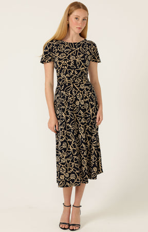 REVERSE WRAP MIDI DRESS IN NAVY GOLD FLOWER