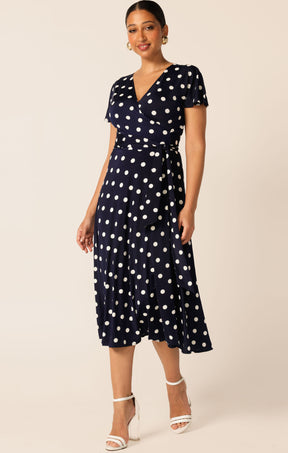 REVERSE WRAP MIDI DRESS IN NAVY WHITE SPOT