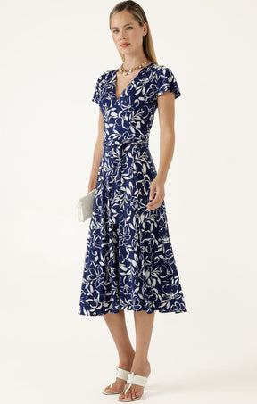 REVERSE WRAP MIDI DRESS IN NAVY WHITE FLORAL
